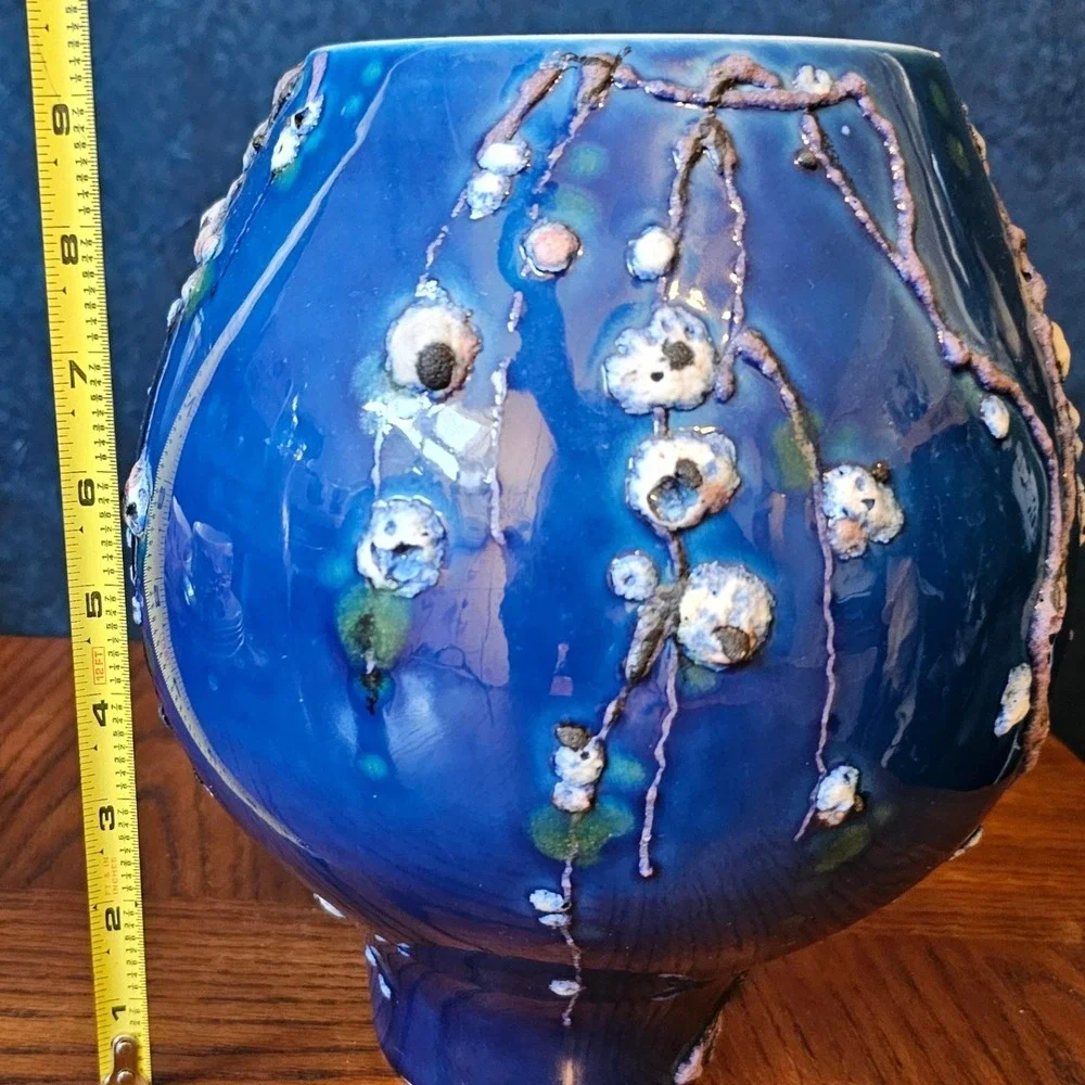 Vintage Italian Art Pottery Vase Cobalt Blue Textured Floral 184/1127 Italy 9in